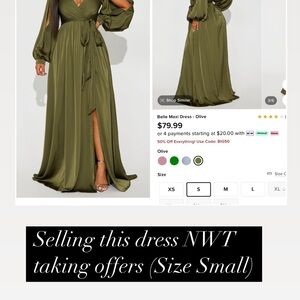 Fashion Nova Green Wrap Gown with Bishop Sleeves and Plunge Neckline
